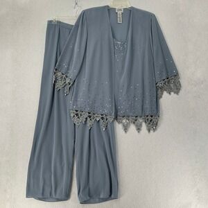 VTG Guilia 3-Piece Sequin‎ Flounce Chiffon Pant Suit 18 Blue Lace Trim Flowy